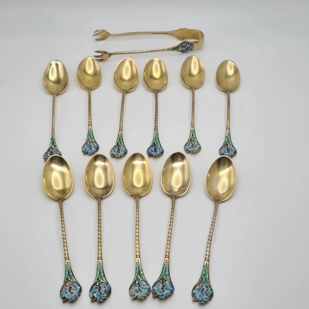 Gorham Sterling & Enamel Flowers Demitasse Spoons Set of 11 & Sugar Tong #808